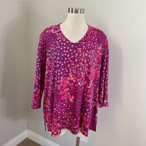 Isaac Mizrahi Live Womens Plus 3X Purple Floral V Neck Tunic Top 3/4 Sleeve